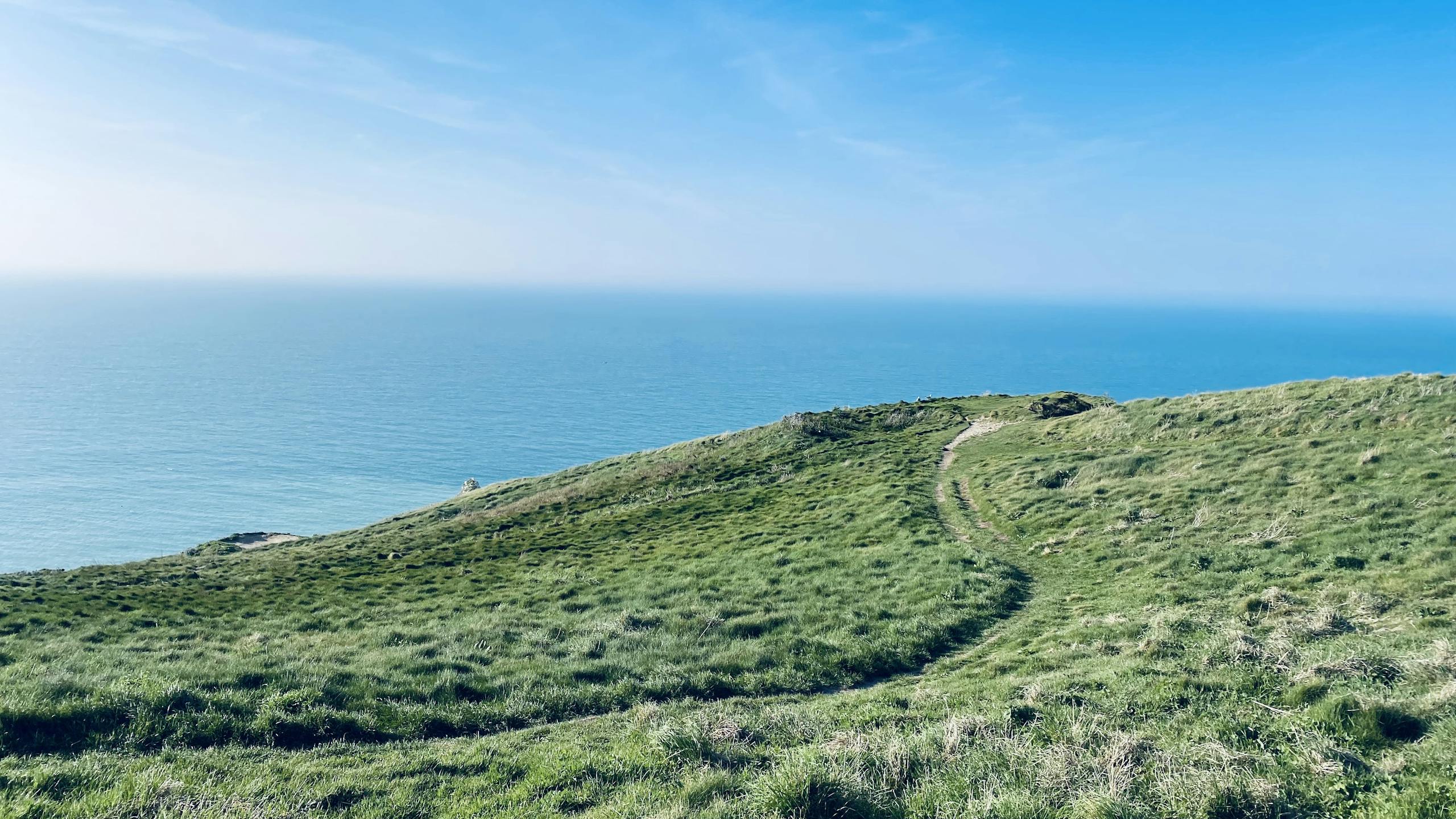 Breathtaking view of the Étretat cliffs with lush green grass and a serene ocean backdrop in Normandie, France.